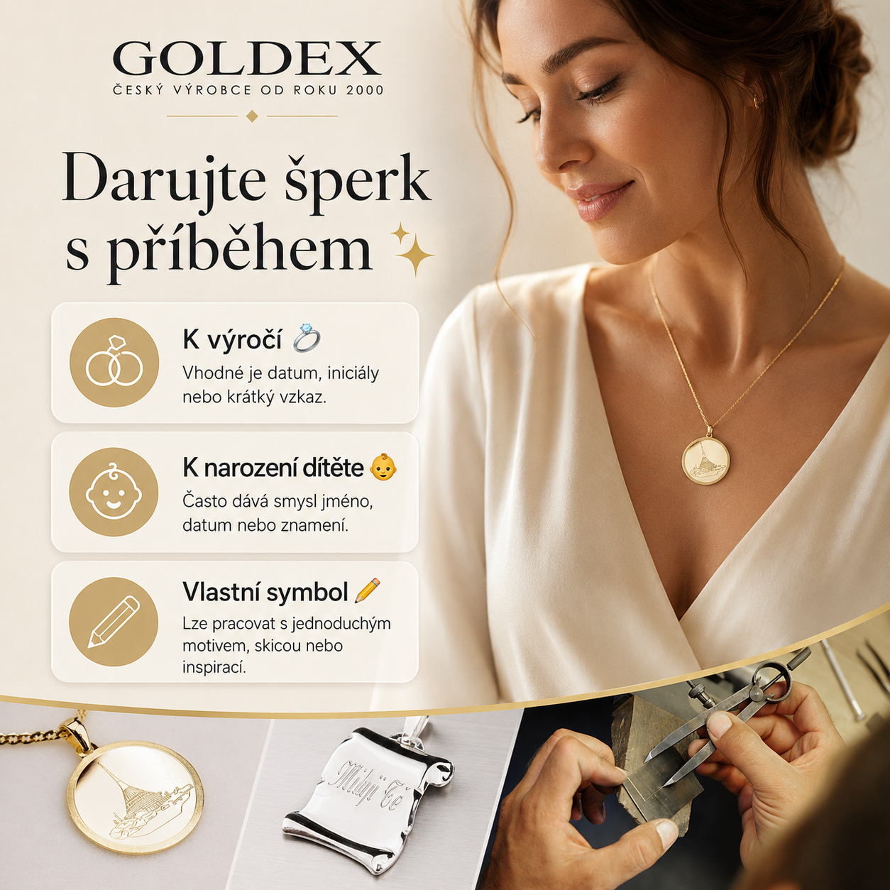 Banner Goldex s tipy pro osobní šperk k výročí, narození dítěte a vlastnímu symbolu