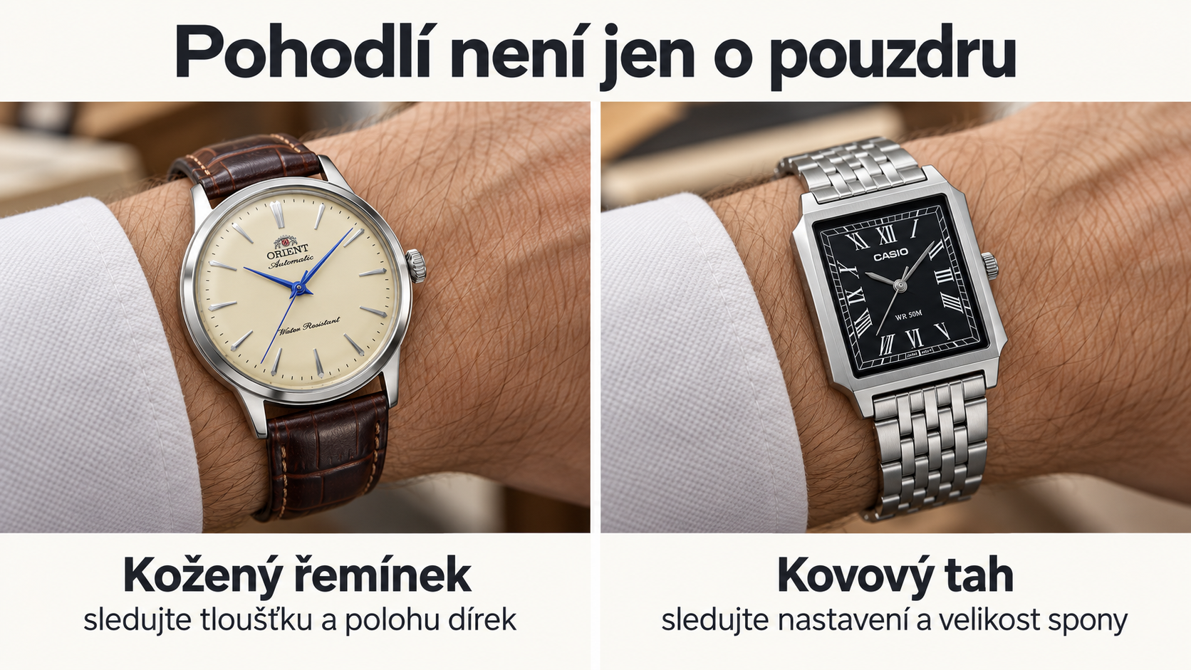 Kožený řemínek a kovový tah: rozdíly v nastavení a pohodlí