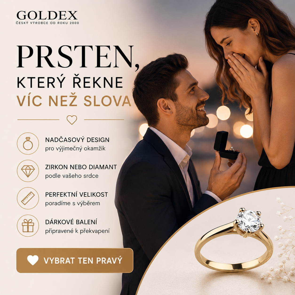 Žádost o ruku se zásnubním prstenem v krabičce