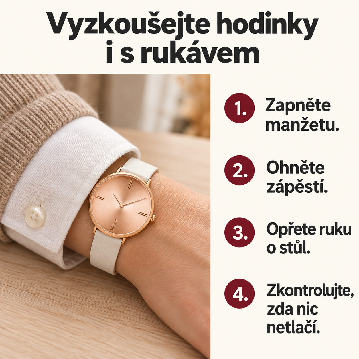 Zkouška hodinek se zapnutou manžetou a opřenou rukou