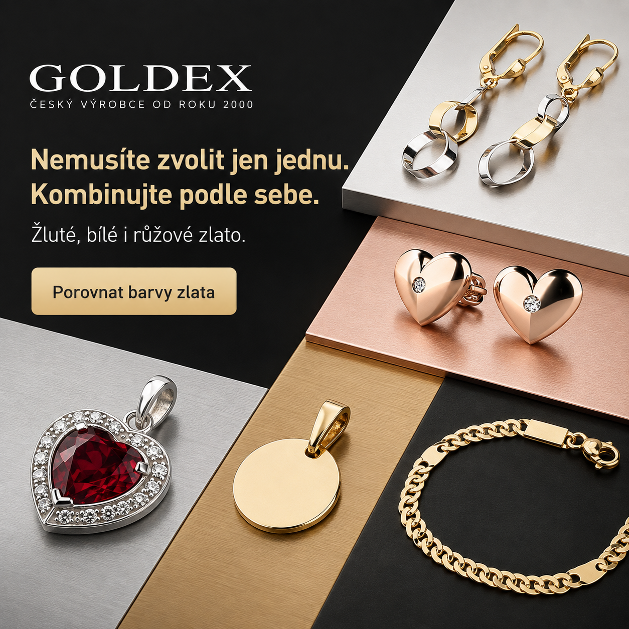Banner Goldex s porovnáním žlutého, bílého a růžového zlata