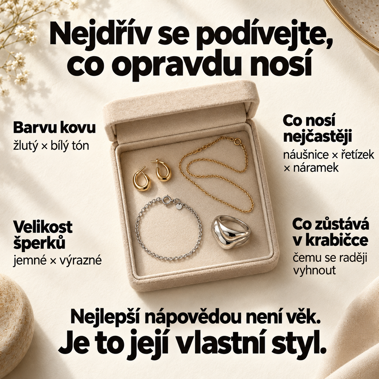 Vodítka pro výběr šperku podle barvy kovu, velikosti a osobního stylu maminky