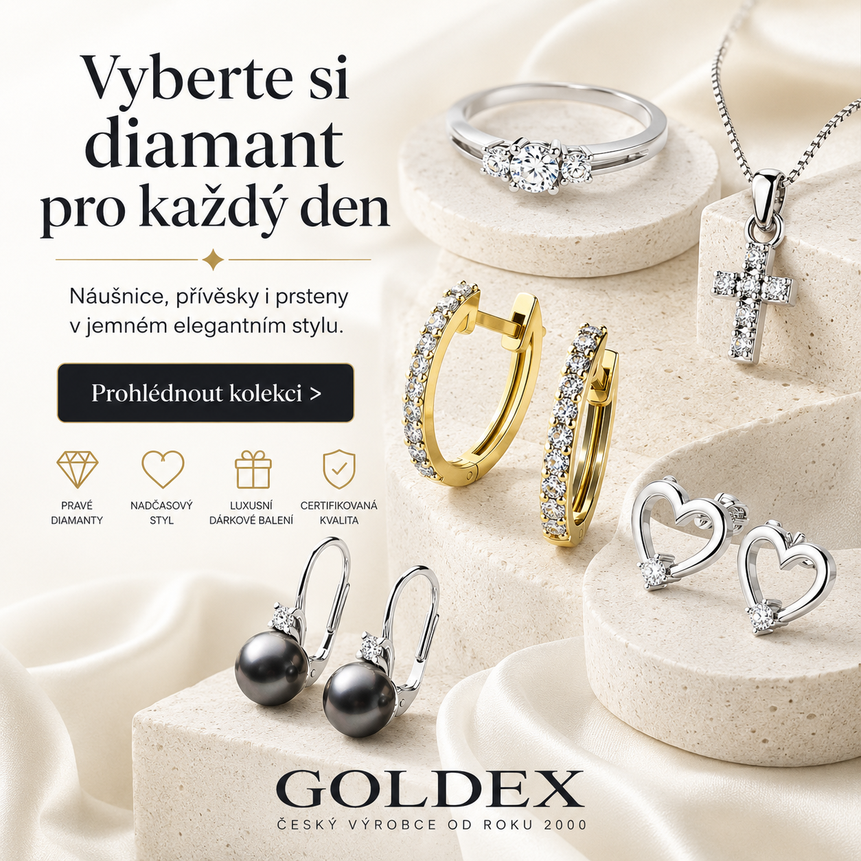 Jemné diamantové šperky ve světlém elegantním stylu