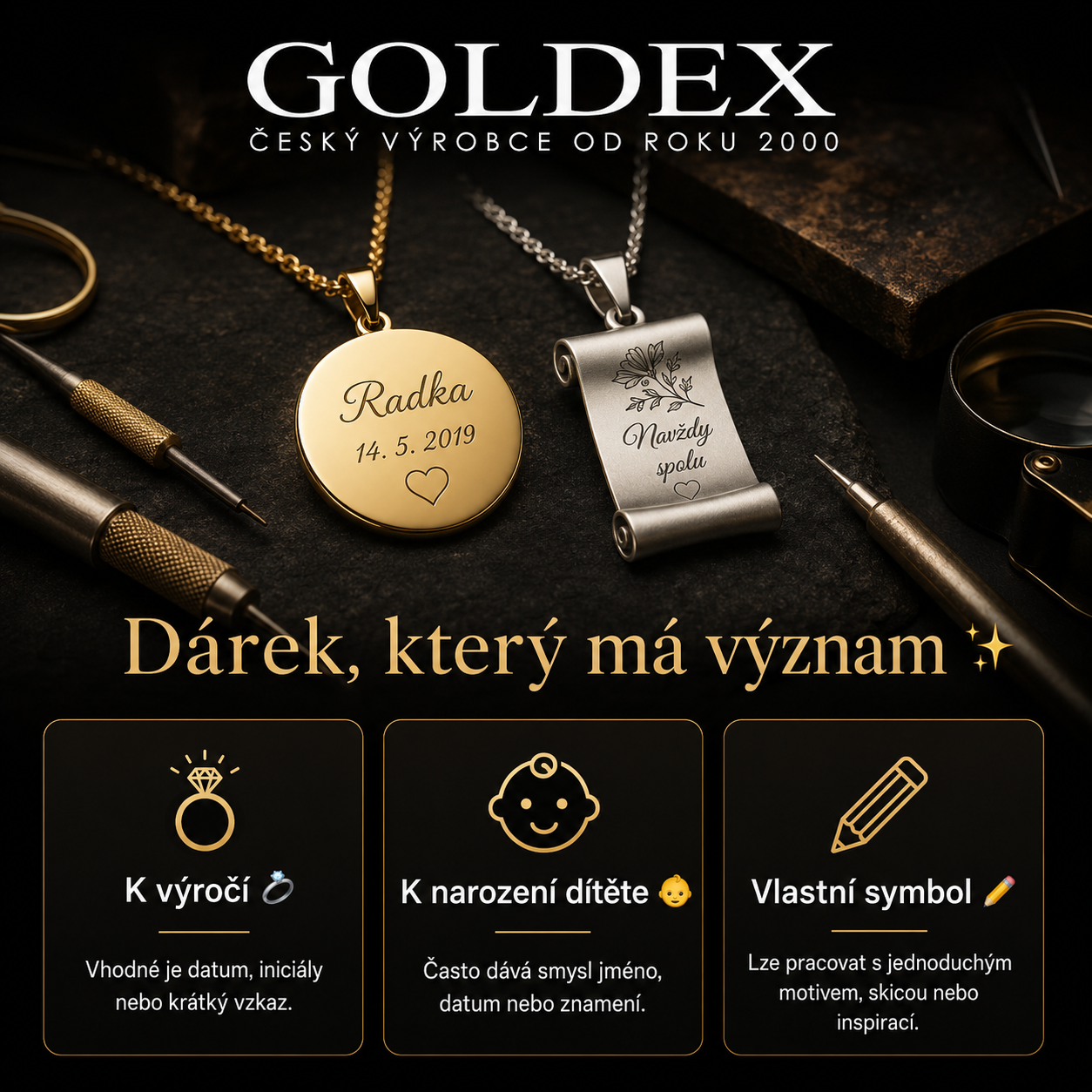 Tmavý banner Goldex s přívěsky a rytinou osobního vzkazu