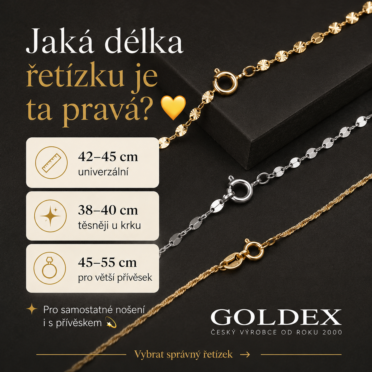 Přehled běžných délek řetízku 38 až 55 cm