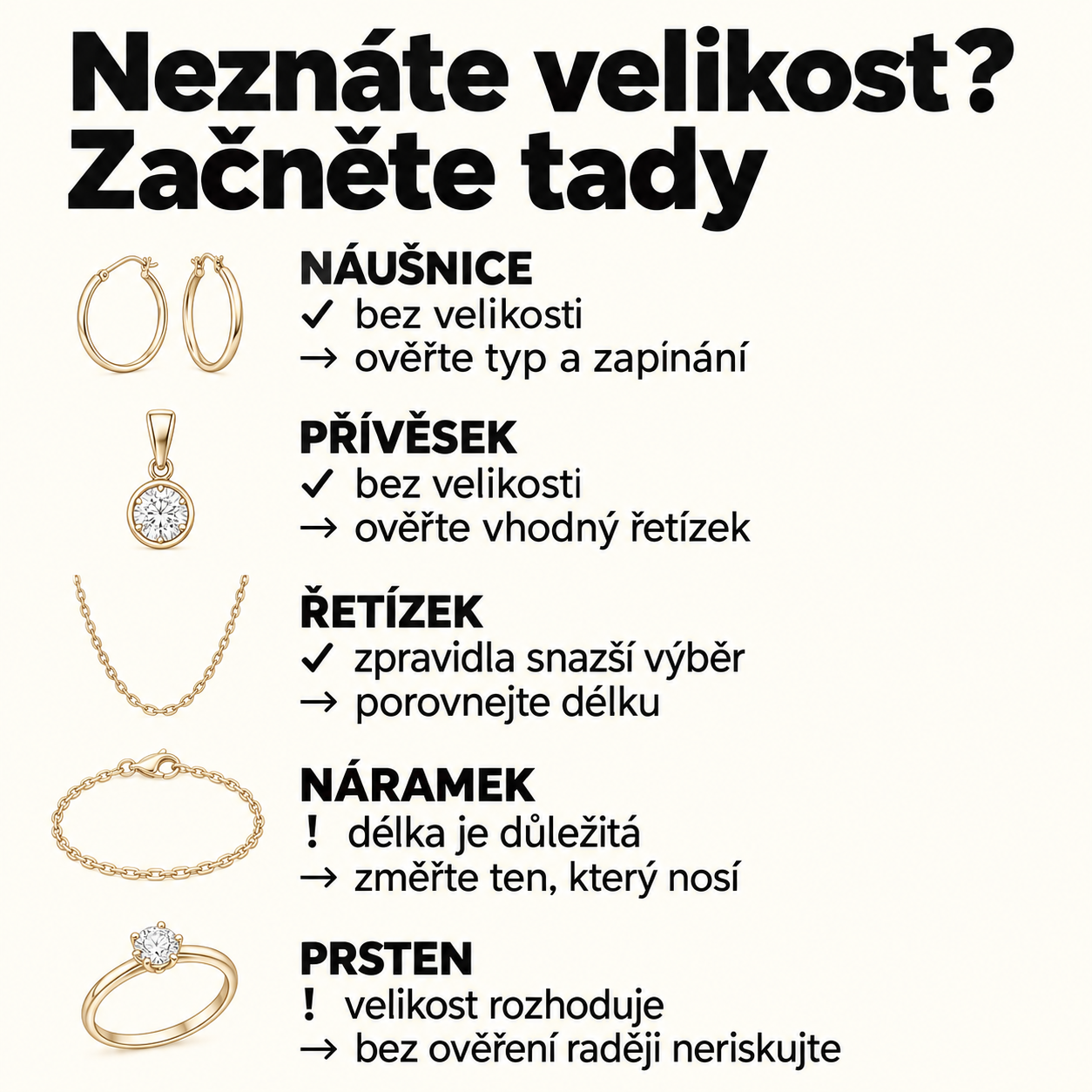 Přehled výběru náušnic, přívěsku, řetízku, náramku a prstenu podle znalosti velikosti