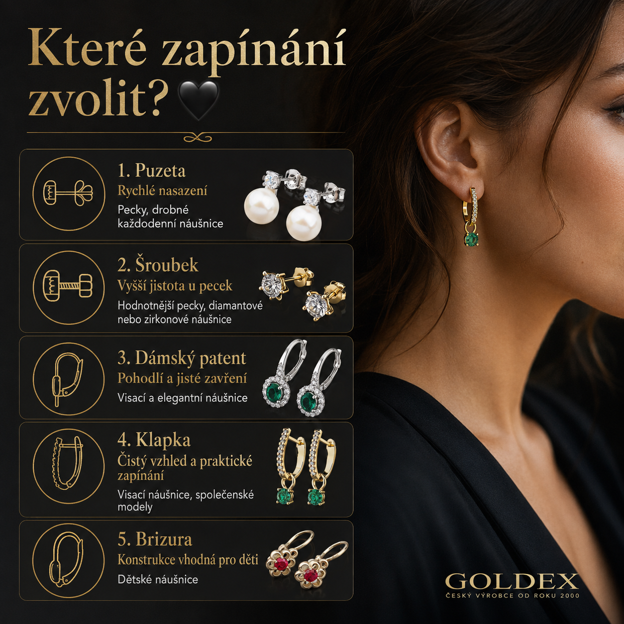 Přehled zapínání náušnic Goldex