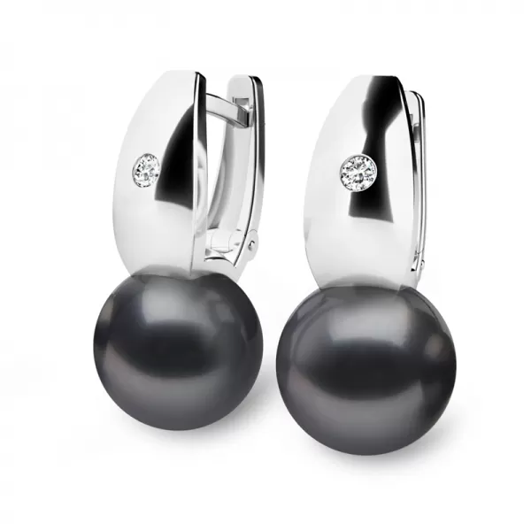Náušnice bílé zlato 585/1000, přírodní diamanty 0.032ct, přírodní perly 10988B-DIA-Black