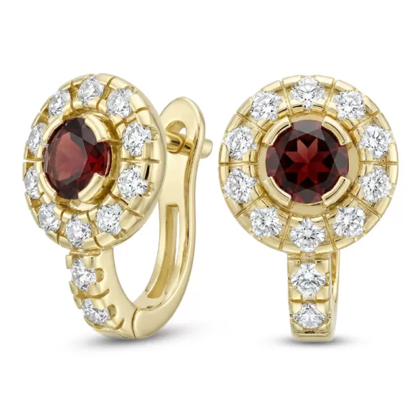 Náušnice žluté zlato 585/1000, přírodní diamanty a granáty, 109015-ZL-GRA