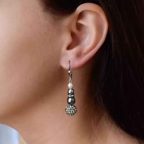 Stříbrné náušnice visací se syntetickými perlami a Preciosa krystaly šedé kulaté 31149.3
