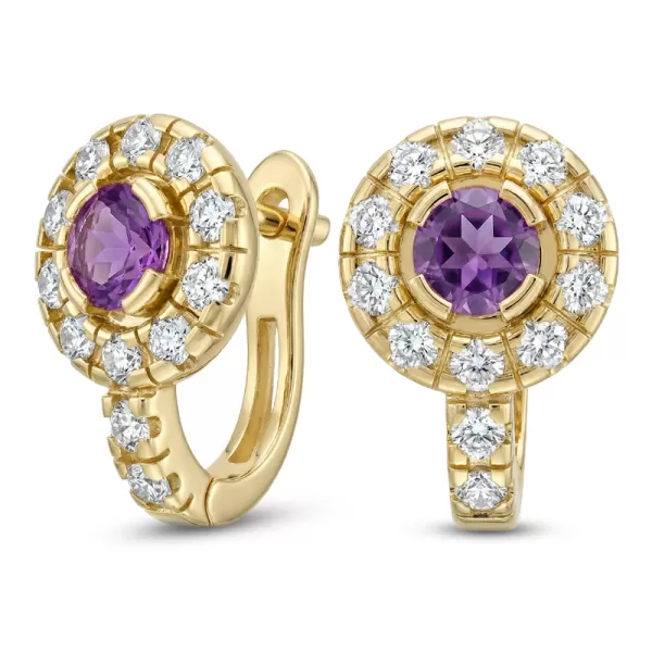 Náušnice žluté zlato 585/1000, přírodní diamanty a ametysty, 109015-ZL-AME