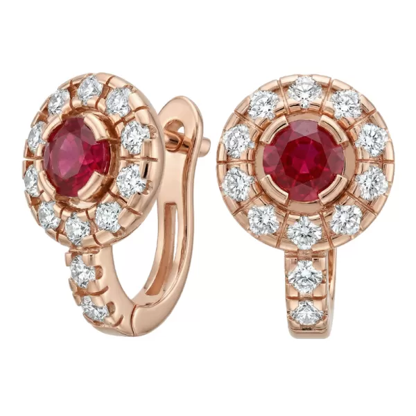 Náušnice růžové zlato 585/1000, přírodní diamanty a rubíny, 109015-CV-RUB