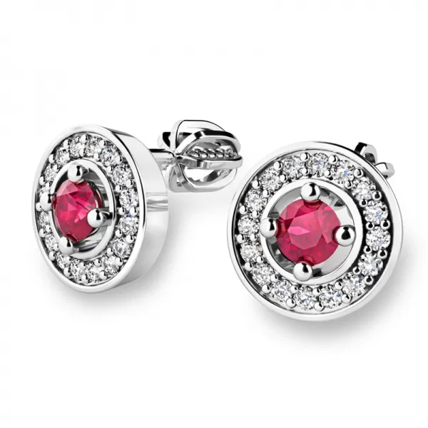 Náušnice bílé zlato 585/1000, přírodní diamanty a rubíny, 10921-B-RUB