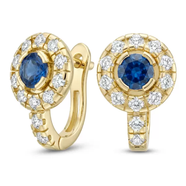 Náušnice žluté zlato 585/1000, přírodní diamanty a safíry, 109015-ZL-SAF