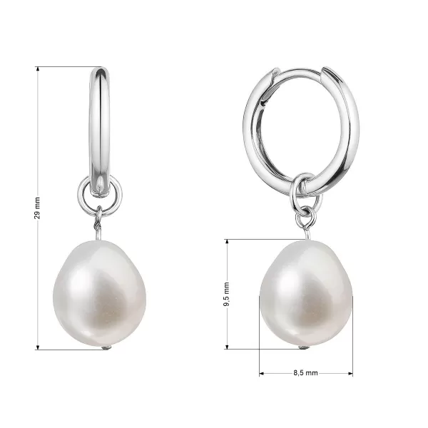 Stříbrné náušnice kruhy s visací bílou říční perlou baroko 21106.1