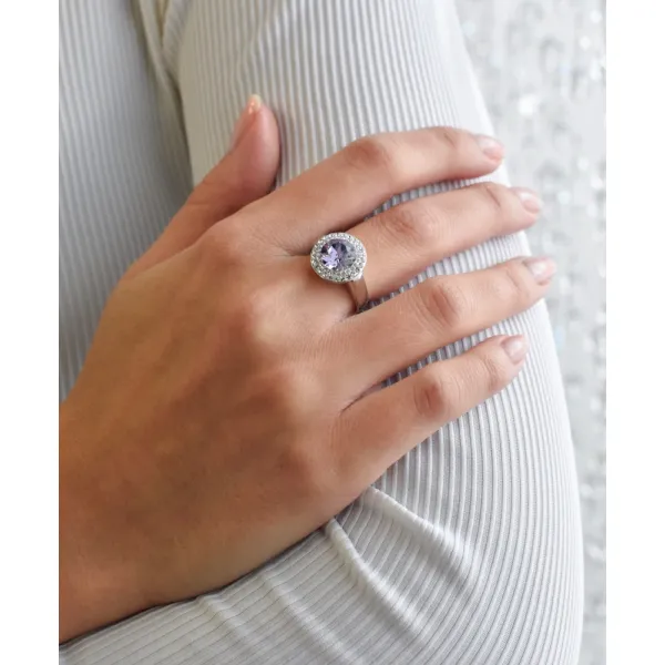Stříbrný prsten s krystaly Swarovski fialový kulatý 35026.3