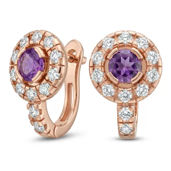 Náušnice růžové zlato 585/1000, přírodní diamanty a ametysty, 109015-CV-AME
