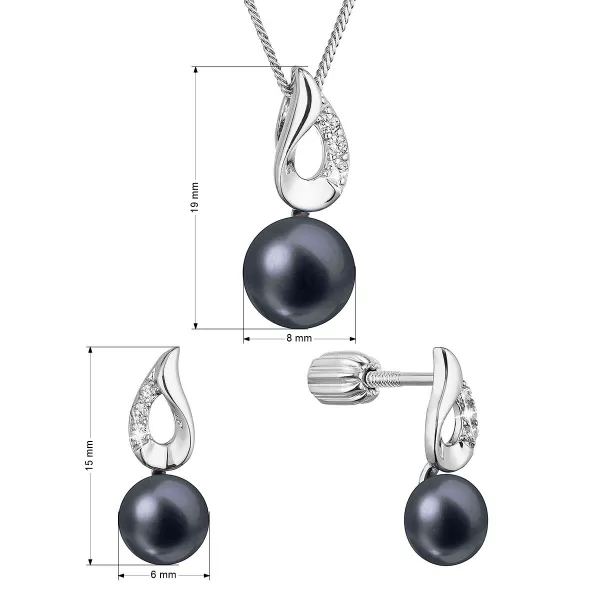 Perlová souprava se zirkony a černou říční perlou 29061.3B black
