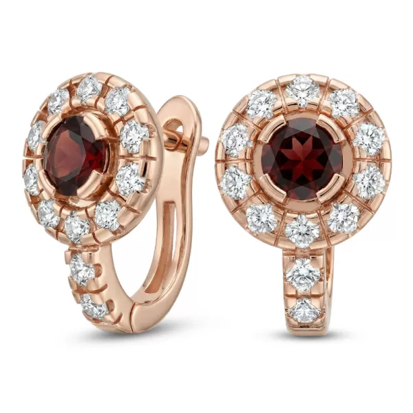 Náušnice růžové zlato 585/1000, přírodní diamanty a granáty, 109015-CV-GRA