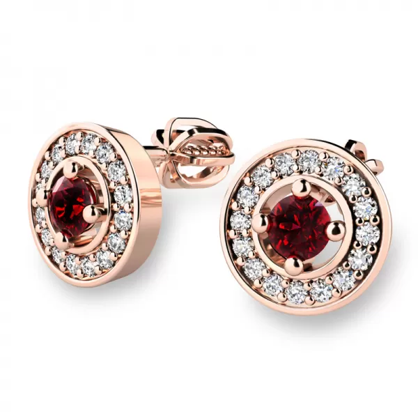 Náušnice růžové zlato 585/1000, přírodní diamanty a granáty, 10921-CV-GRA