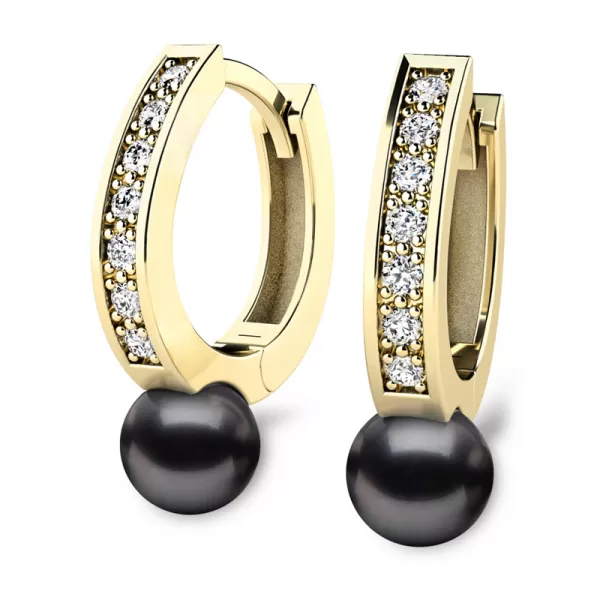 Náušnice žluté zlato 585/1000, přírodní diamanty 0.210ct, přírodní perly 109011-ZL-DIA-Black