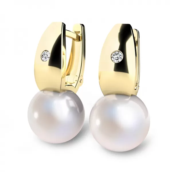 Náušnice žluté zlato 585/1000, přírodní diamanty 0.032ct, přírodní perly 10988ZL-DIA-FW
