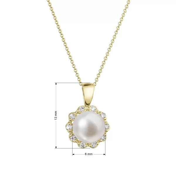Zlatý 14 karátový náhrdelník kytička s bílou říční perlou a brilianty 92PB00036