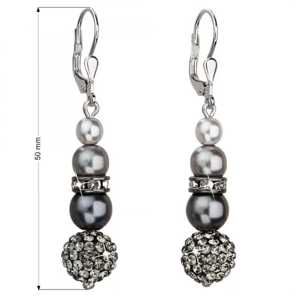 Stříbrné náušnice visací se syntetickými perlami a Preciosa krystaly šedé kulaté 31149.3