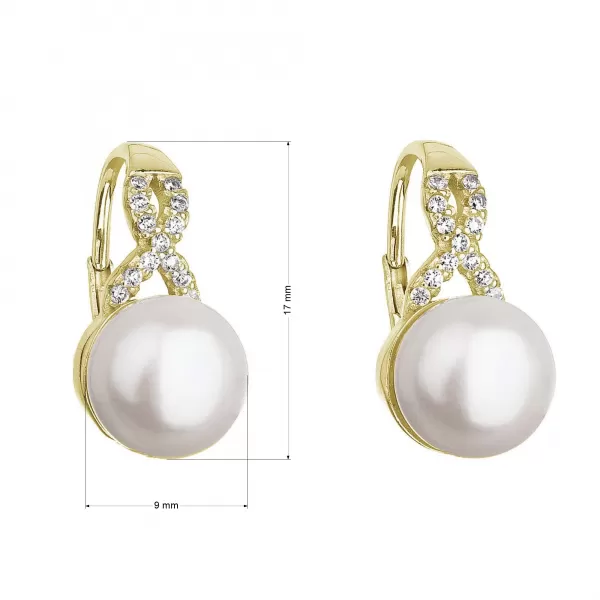 Pozlacené náušnice visací s bílou říční perlou a zirkony 21048.1