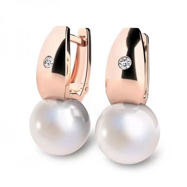 Náušnice z růžového zlata 585/1000 s přírodními diamanty 0.032ct a přírodními perlami 10988CV-DIA-FW