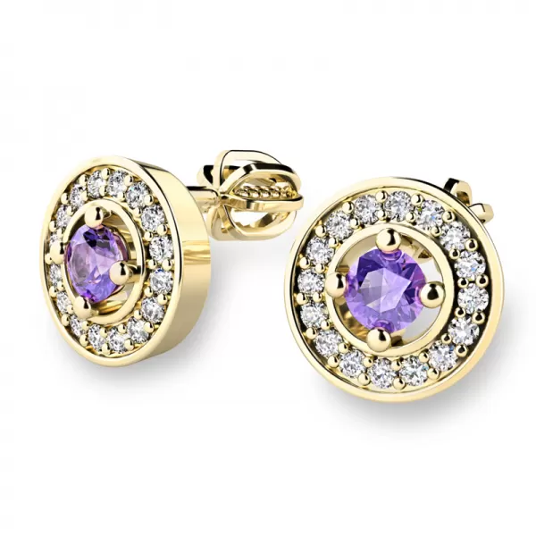 Náušnice žluté zlato 585/1000, přírodní diamanty a ametysty, 10921-ZL-AME