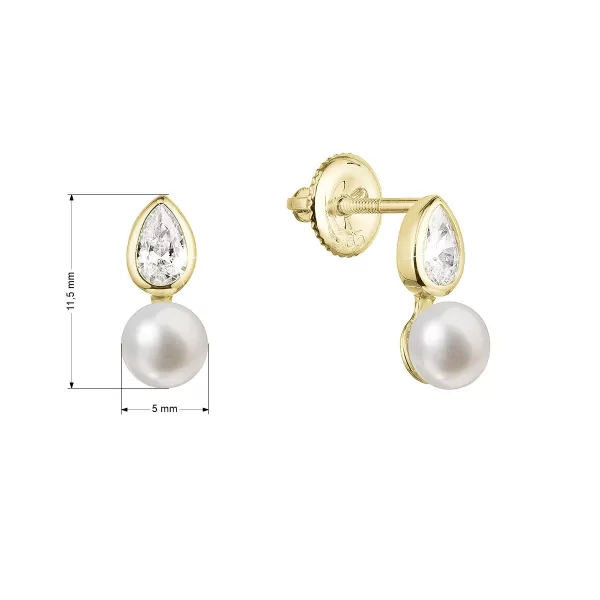 Zlaté 14 karátové náušnice ze žlutého zlata s bílou říční perlou a zirkony 91PZ00053