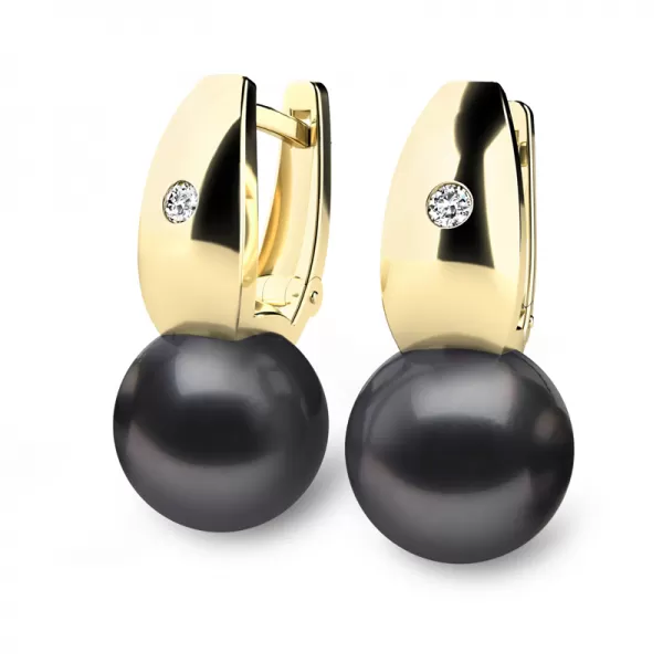 Náušnice žluté zlato 585/1000, přírodní diamanty 0.032ct, přírodní perly 10988ZL-DIA-Black