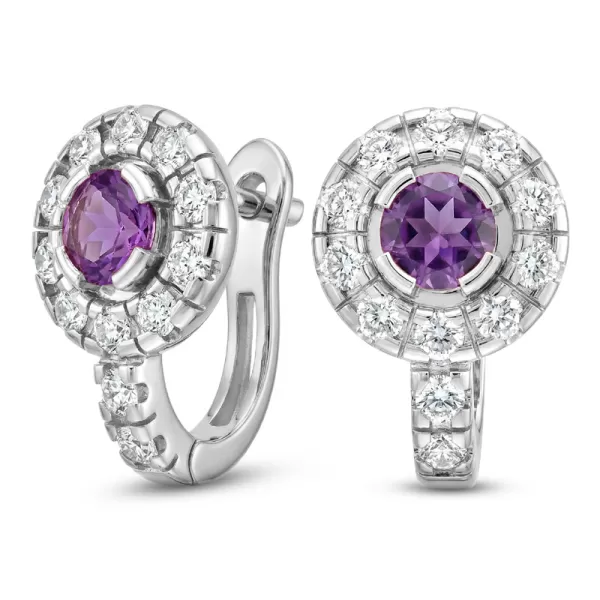 Náušnice bílé zlato 585/1000, přírodní diamanty a ametysty, 109015-B-AME