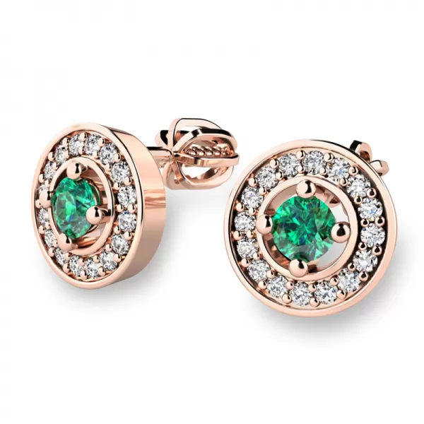 Náušnice růžové zlato 585/1000, přírodní diamanty a smaragdy, 10921-CV-SMAR