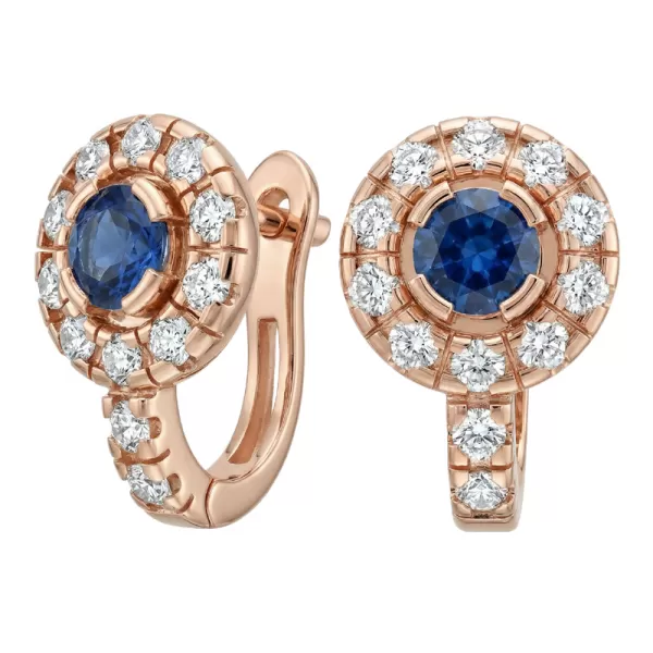 Náušnice růžové zlato 585/1000, přírodní diamanty a safíry, 109015-CV-SAF