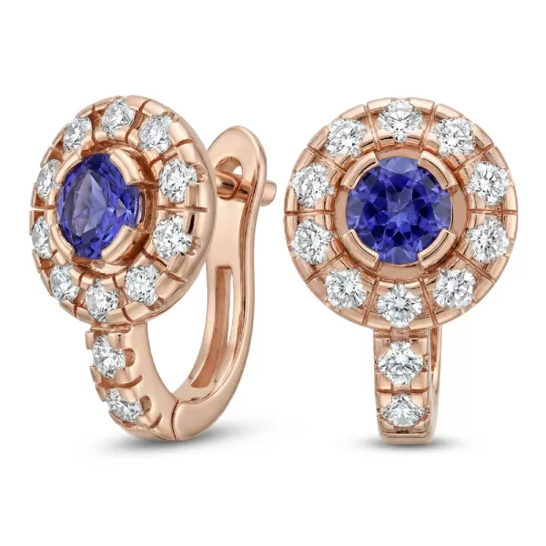 Náušnice růžové zlato 585/1000, přírodní diamanty a tanzanity, 109015-CV-TAN