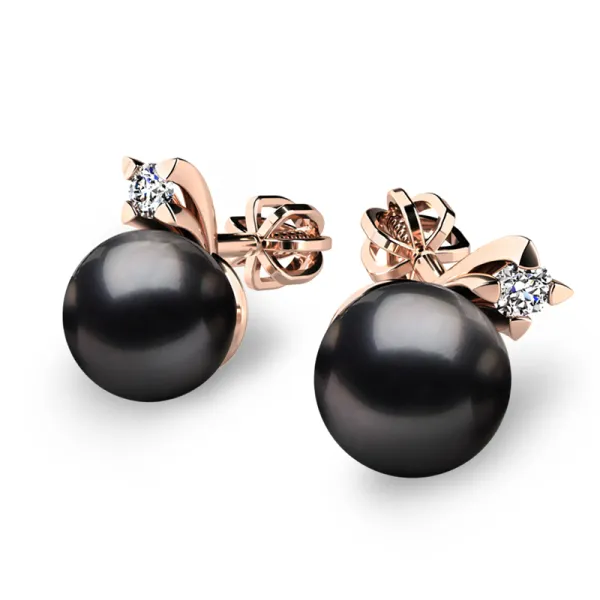 Dámské náušnice růžové zlato 585/1000 přírodní diamant 0.050 ct s perlami 10890-CV-DIA-FW-Black