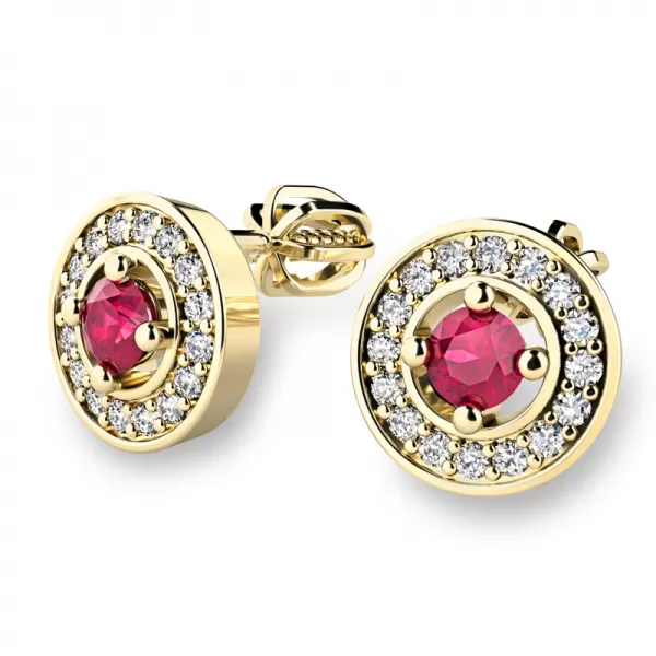 Náušnice žluté zlato 585/1000, přírodní diamanty a rubíny, 10921-ZL-RUB