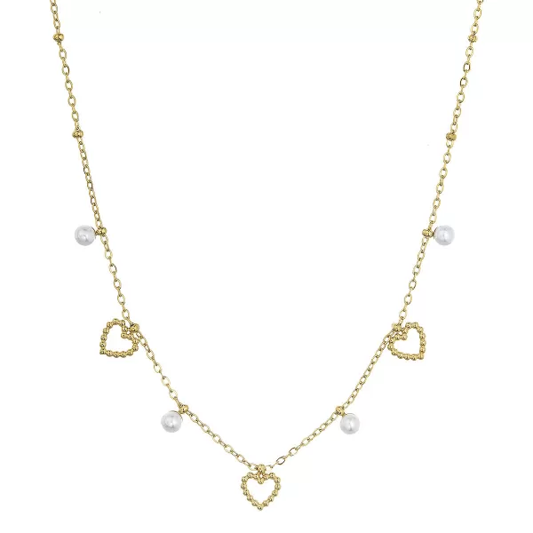 Náhrdelník ocelový s perličkami a srdíčky 42024.1