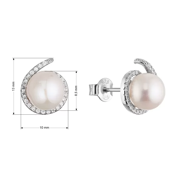 Stříbrné náušnice pecky s bílou říční perlou a zirkony 21116.1
