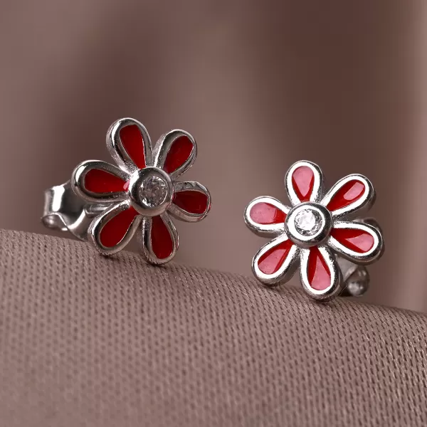Stříbrné náušnice červené kytičky 11752.1