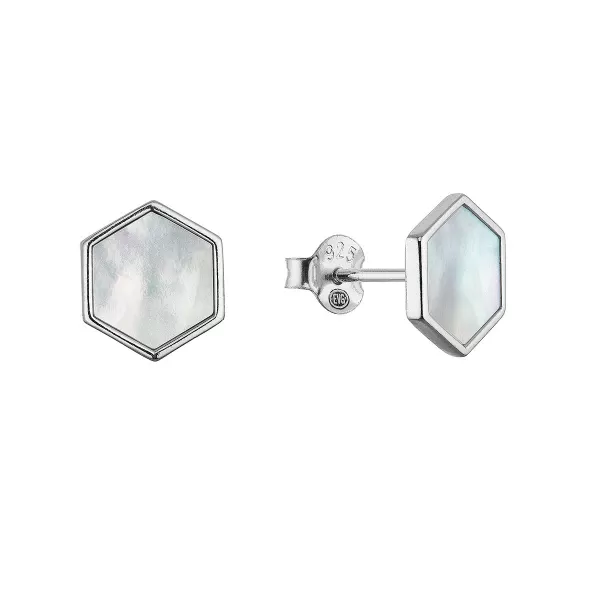 Stříbrné náušnice hexagon s bílou perletí 11689.1
