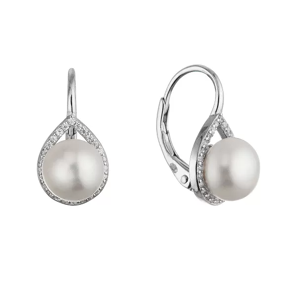 Stříbrné náušnice visací s bílou říční perlou 21107.1