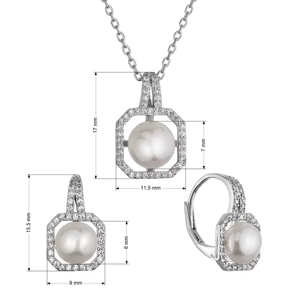 Perlová souprava s bílou říční perlou a zirkony čtverec 29083.1