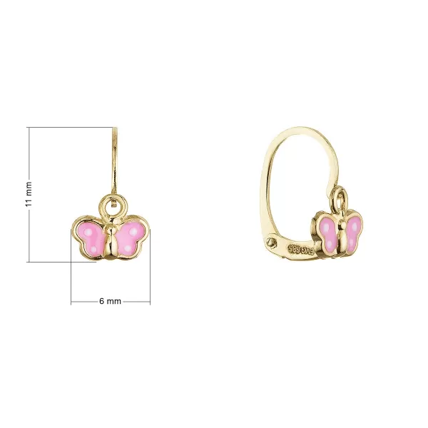 Zlaté 14 karátové dětské náušnice růžový motýlek 91A00071