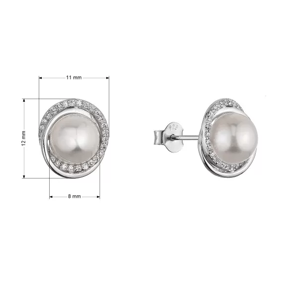 Stříbrné náušnice pecky s bílou říční perlou a zirkony kulaté 21113.1