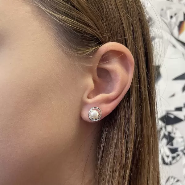 Stříbrné náušnice s říční perlou a zirkony 21098.1S