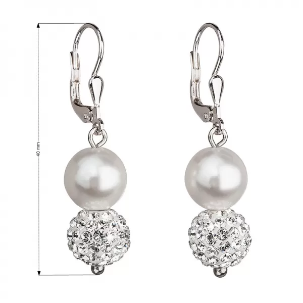 Stříbrné náušnice visací se syntetickými perlami a krystaly Swarovski bílé kulaté 31155.1