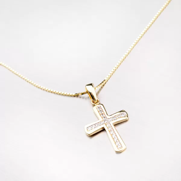 Zlatý přívěsek ve tvaru kříže se zirkony 43-21343